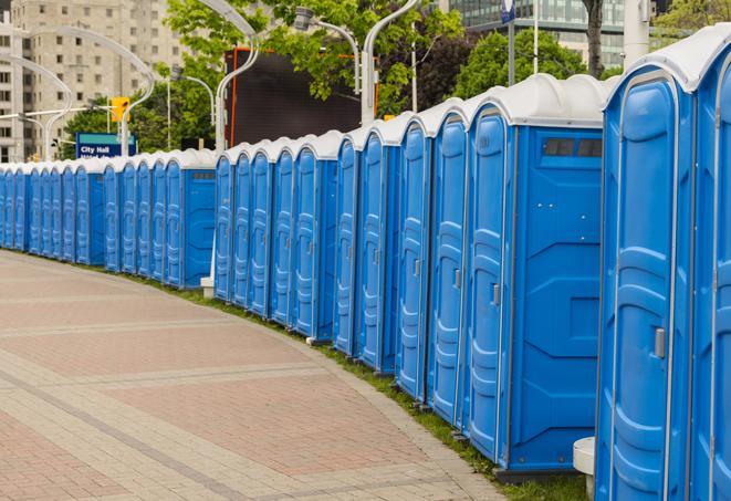 a row of portable restrooms at a trade show, catering to visitors with a professional and comfortable experience in Brea, CA